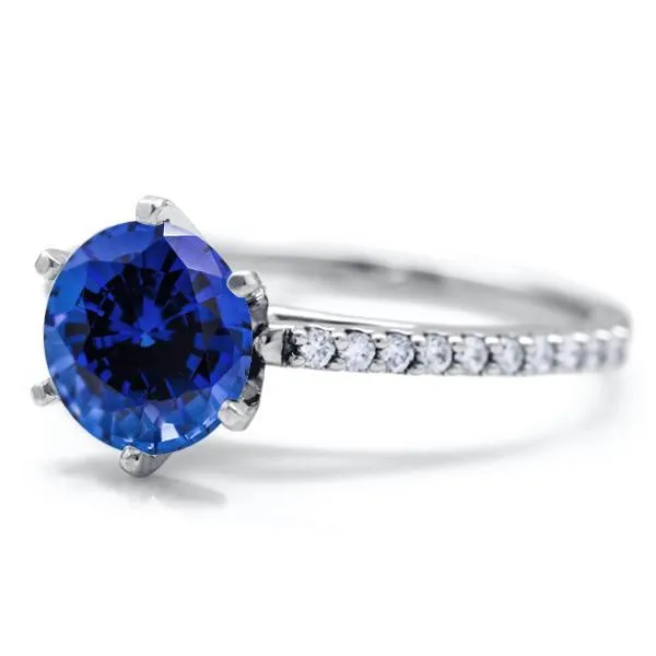 Round Blue Sapphire 6 Prongs Diamond Accent Ice Cathedral Solitaire Ring
