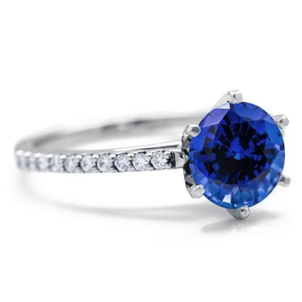 Round Blue Sapphire 6 Prongs Diamond Accent Ice Cathedral Solitaire Ring