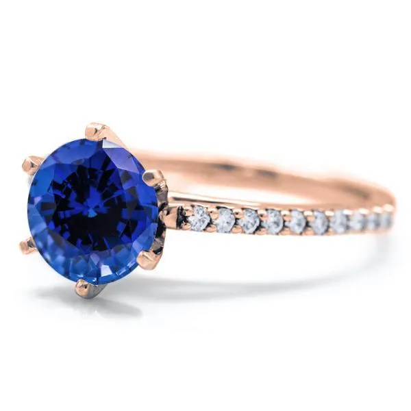 Round Blue Sapphire 6 Prongs Diamond Accent Ice Cathedral Solitaire Ring