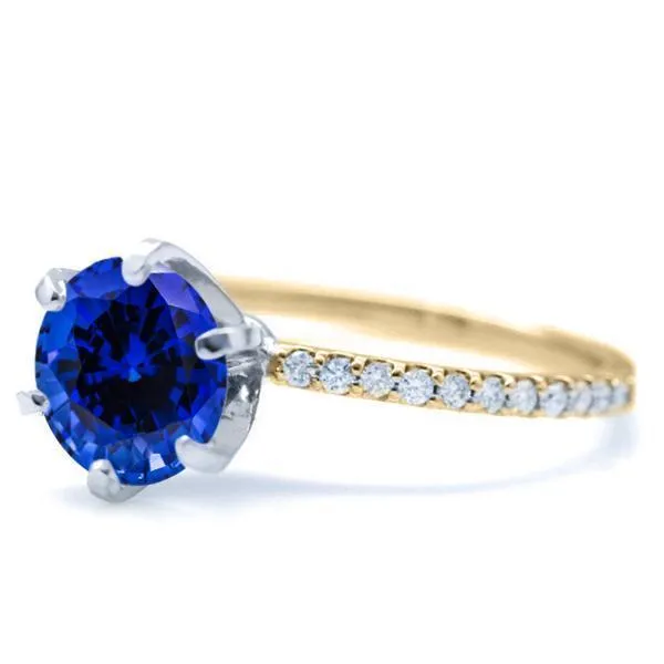 Round Blue Sapphire 6 Prongs Diamond Accent Ice Solitaire Ring