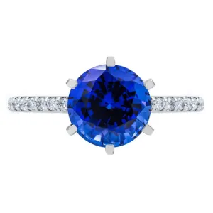 Round Blue Sapphire 6 Prongs Diamond Accent Ice Solitaire Ring
