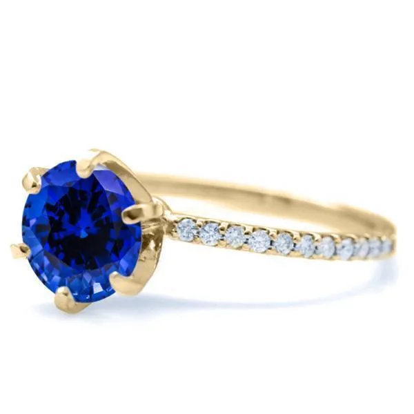 Round Blue Sapphire 6 Prongs Diamond Accent Ice Solitaire Ring