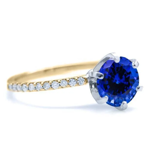 Round Blue Sapphire 6 Prongs Diamond Accent Ice Solitaire Ring