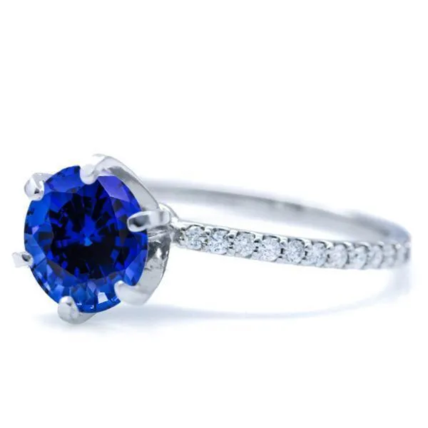 Round Blue Sapphire 6 Prongs Diamond Accent Ice Solitaire Ring