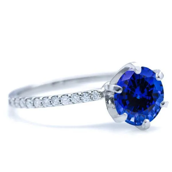 Round Blue Sapphire 6 Prongs Diamond Accent Ice Solitaire Ring