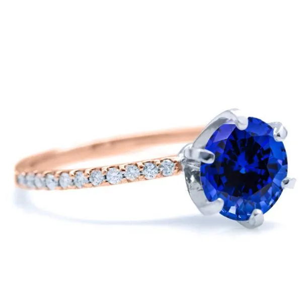 Round Blue Sapphire 6 Prongs Diamond Accent Ice Solitaire Ring