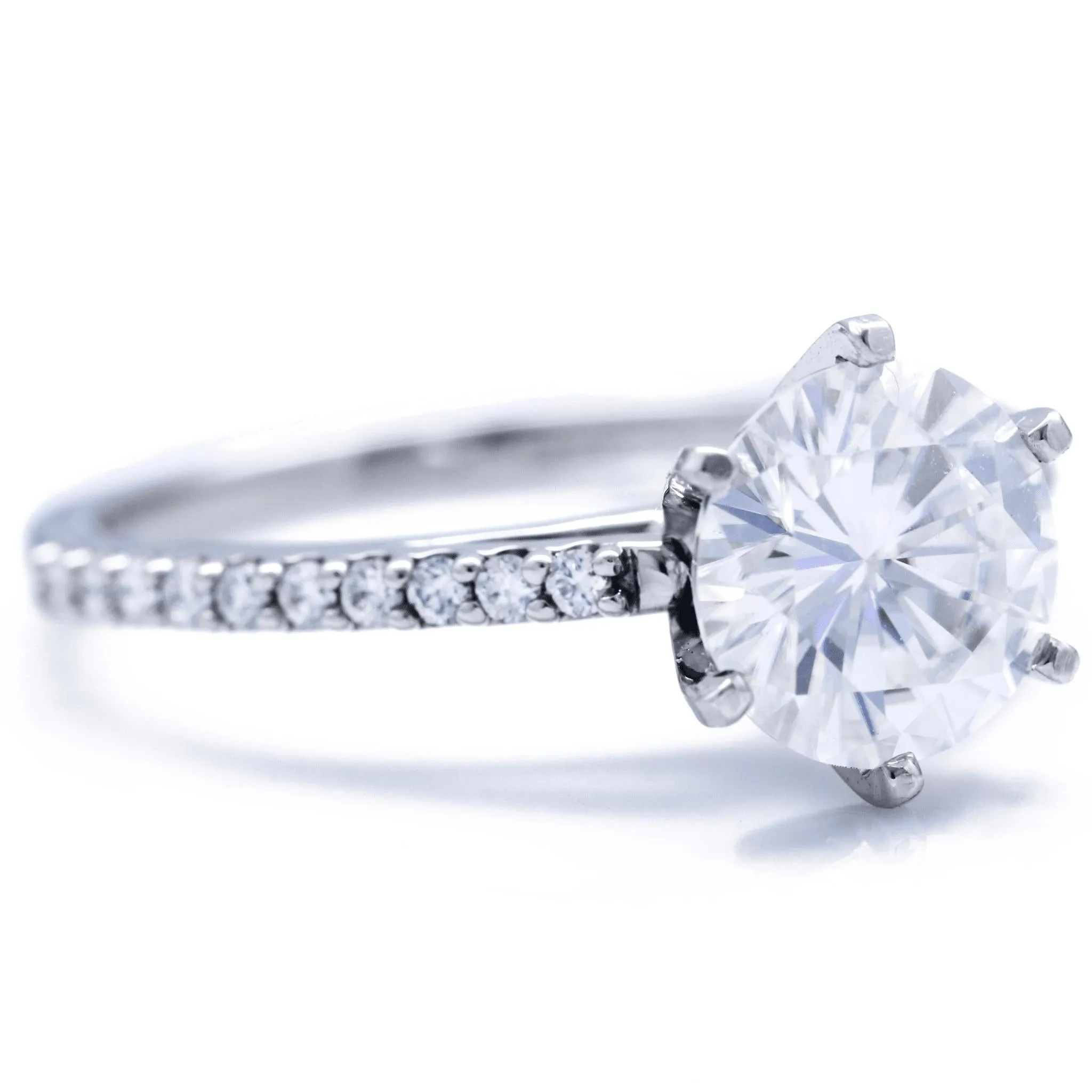 Round Center Stone 6 Prongs Diamond Accent Ice Cathedral Solitaire Ring