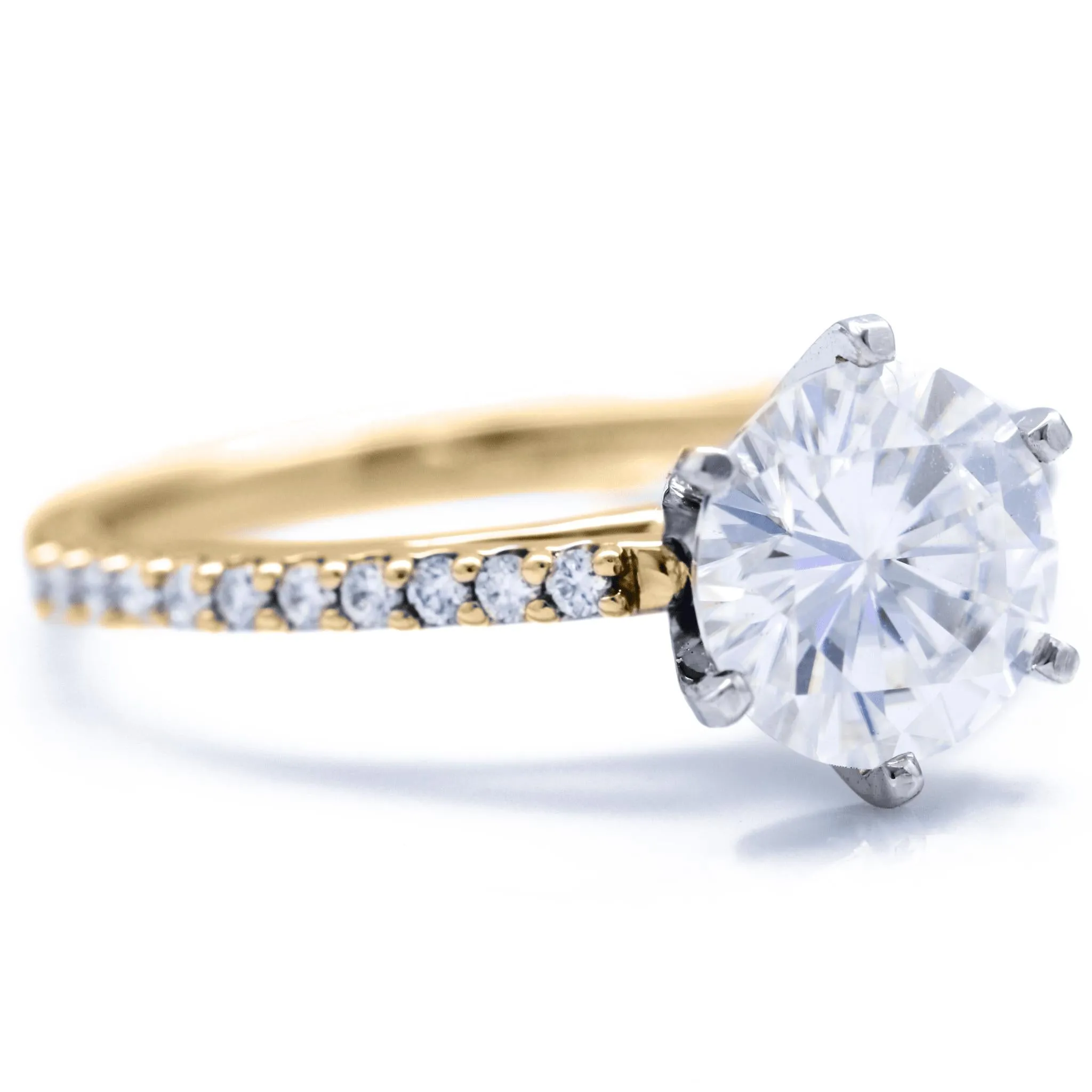 Round Center Stone 6 Prongs Diamond Accent Ice Cathedral Solitaire Ring