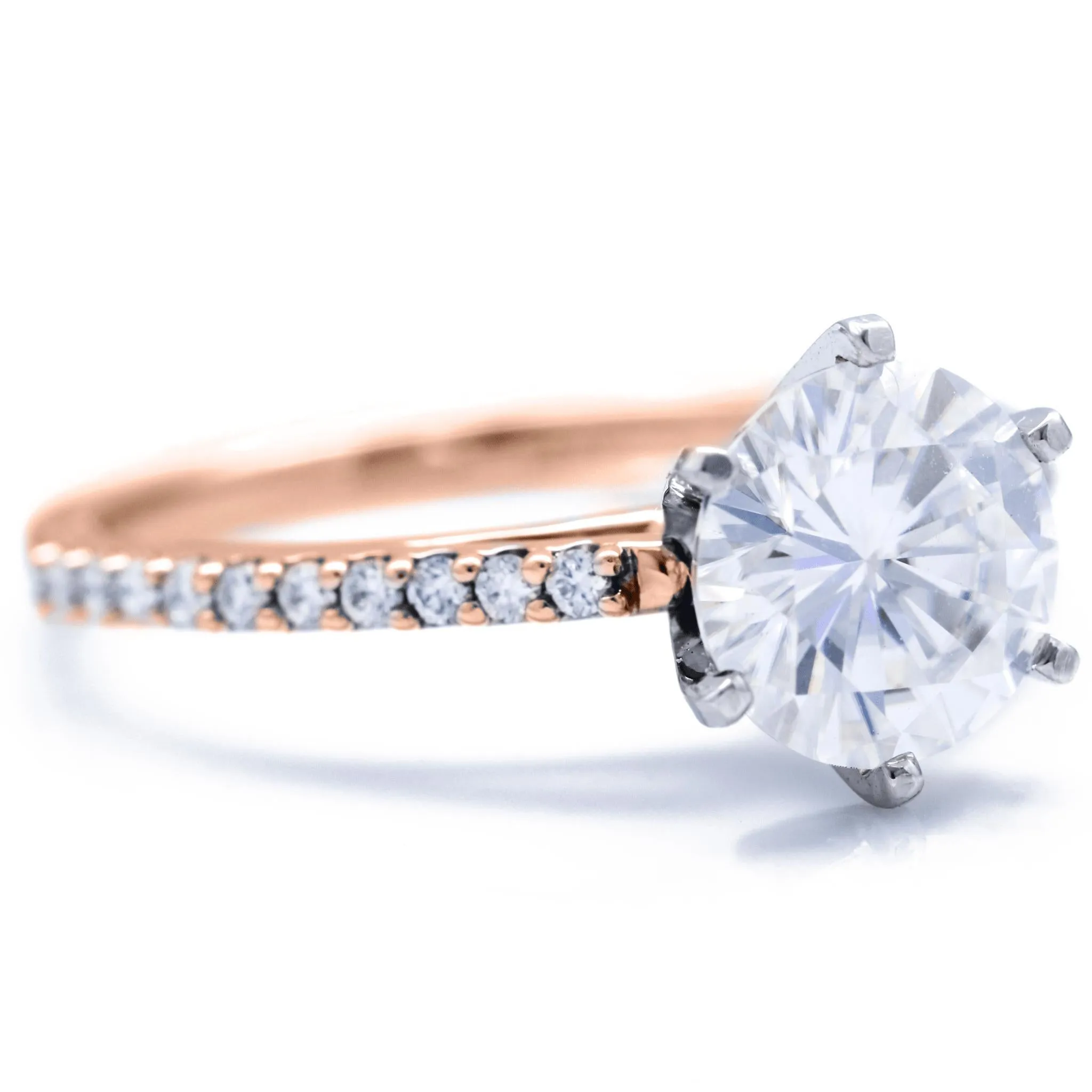 Round Center Stone 6 Prongs Diamond Accent Ice Cathedral Solitaire Ring