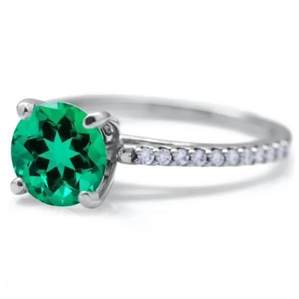 Round Emerald 4 Prongs Diamond Accent Ice Cathedral Solitaire Ring