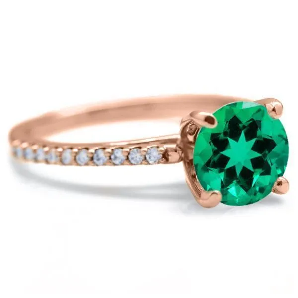 Round Emerald 4 Prongs Diamond Accent Ice Cathedral Solitaire Ring