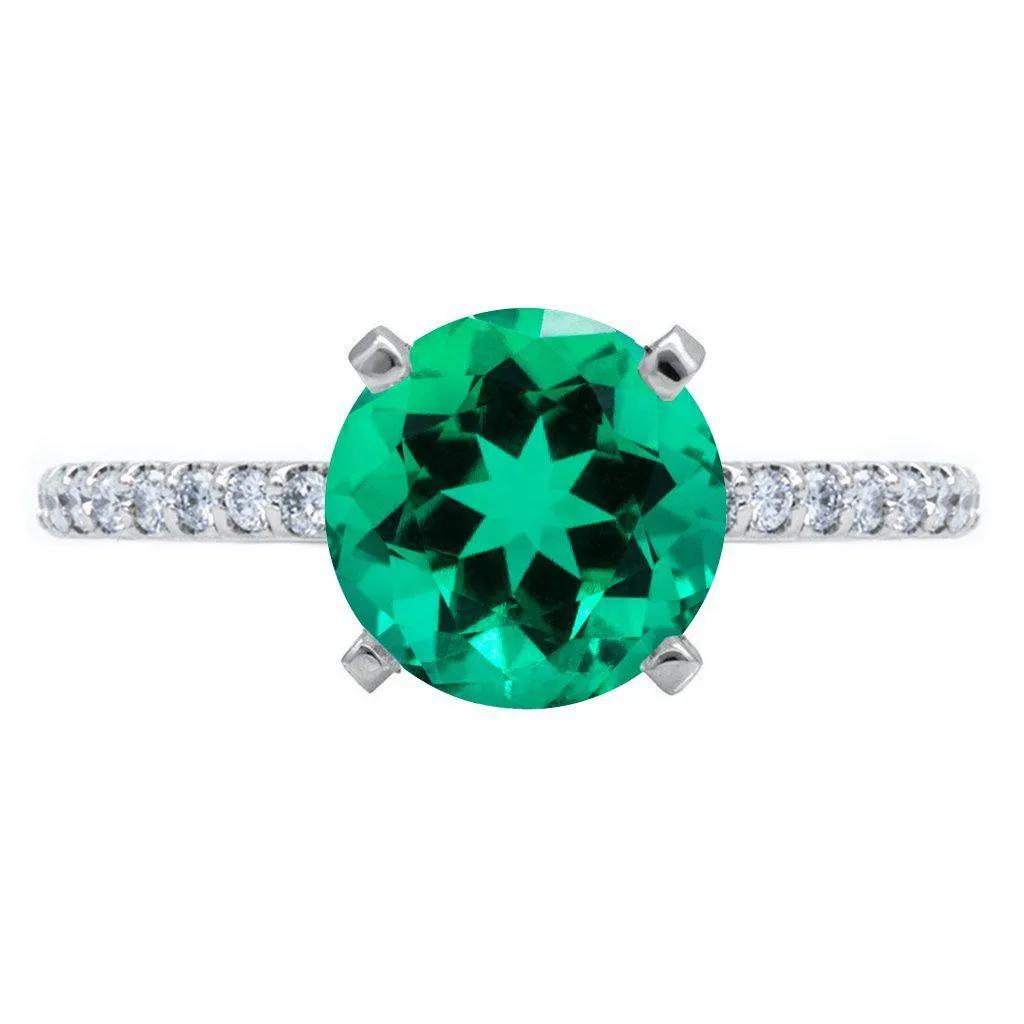 Round Emerald 4 Prongs Diamond Accent Ice Cathedral Solitaire Ring