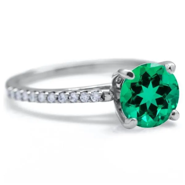 Round Emerald 4 Prongs Diamond Accent Ice Cathedral Solitaire Ring