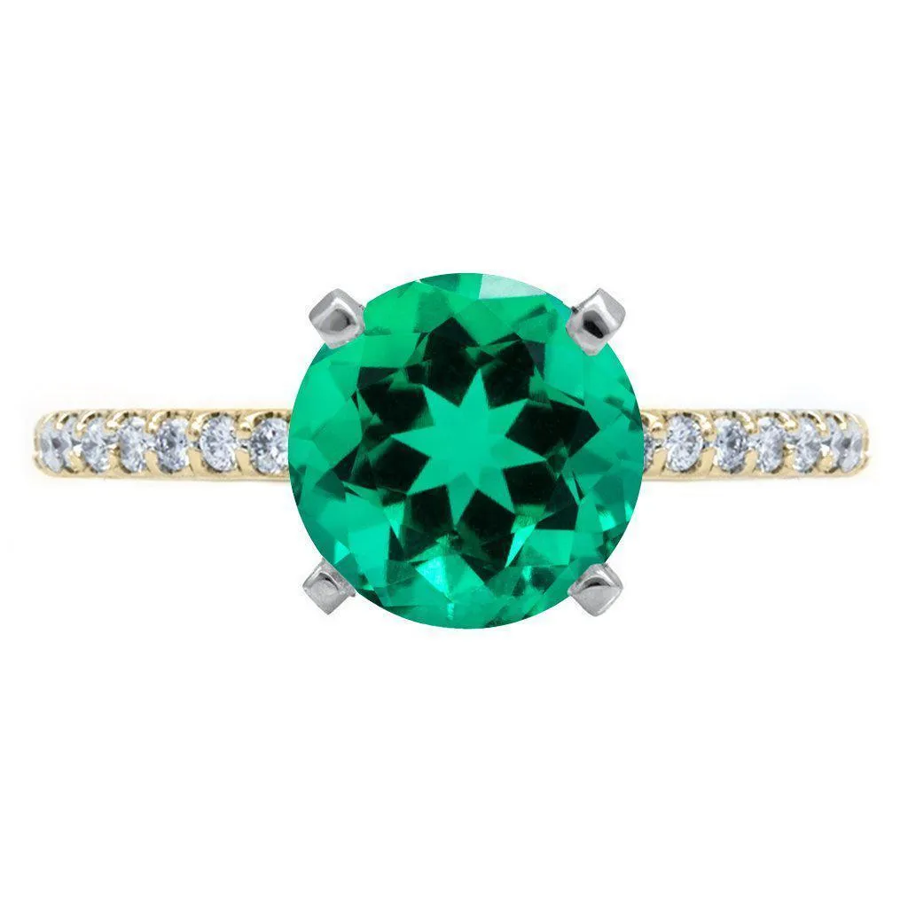 Round Emerald 4 Prongs Diamond Accent Ice Cathedral Solitaire Ring