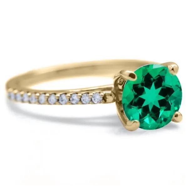 Round Emerald 4 Prongs Diamond Accent Ice Cathedral Solitaire Ring