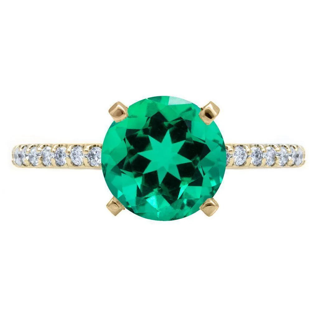 Round Emerald 4 Prongs Diamond Accent Ice Cathedral Solitaire Ring