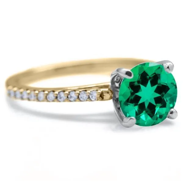 Round Emerald 4 Prongs Diamond Accent Ice Cathedral Solitaire Ring