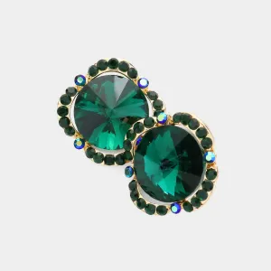 Round Emerald Crystal and Rhinestone Accented Pageant Earrings | Interview Earrings | 620378