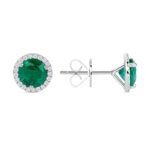 Round Emerald Gemstone Stud Earrings with Round Diamonds on a 14k White Gold Halo Setting