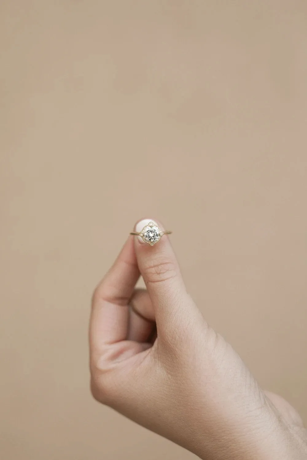 Round Moissanite Engagement Ring art deco Unique Pave Setting Under Halo Yellow Gold Bridal Collection Forever one anniversary gift