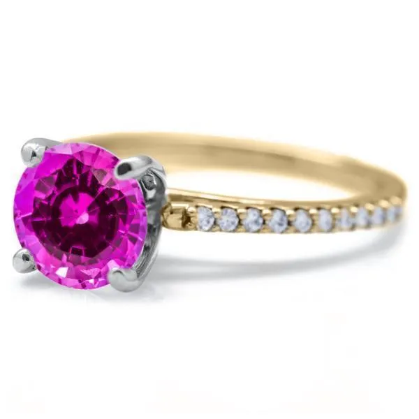 Round Pink Sapphire 4 Prongs Diamond Accent Ice Cathedral Solitaire Ring