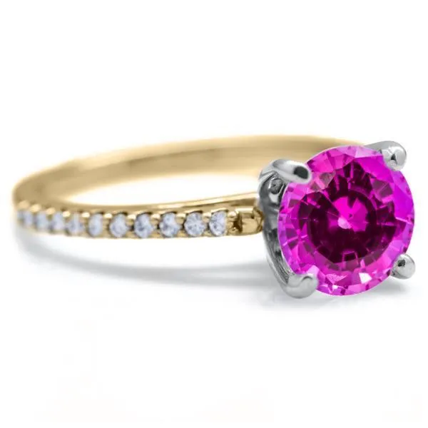 Round Pink Sapphire 4 Prongs Diamond Accent Ice Cathedral Solitaire Ring