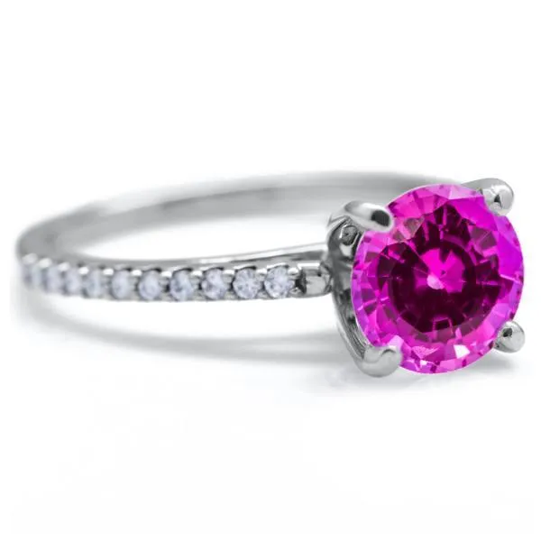 Round Pink Sapphire 4 Prongs Diamond Accent Ice Cathedral Solitaire Ring