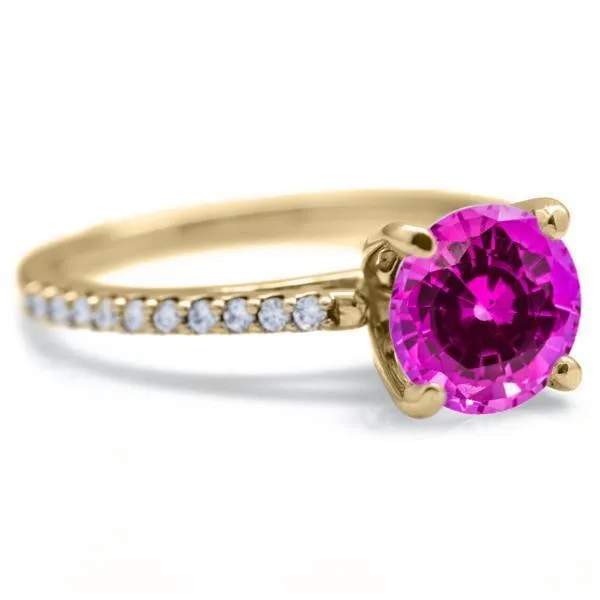 Round Pink Sapphire 4 Prongs Diamond Accent Ice Cathedral Solitaire Ring