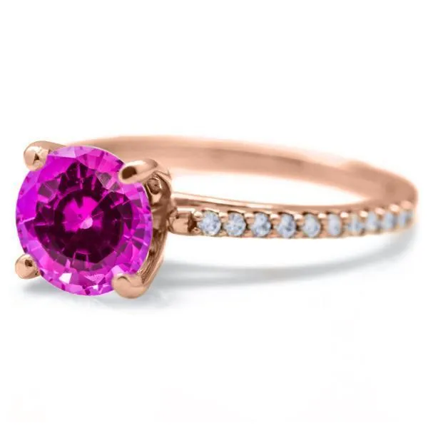 Round Pink Sapphire 4 Prongs Diamond Accent Ice Cathedral Solitaire Ring