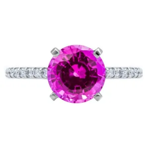 Round Pink Sapphire 4 Prongs Diamond Accent Ice Cathedral Solitaire Ring