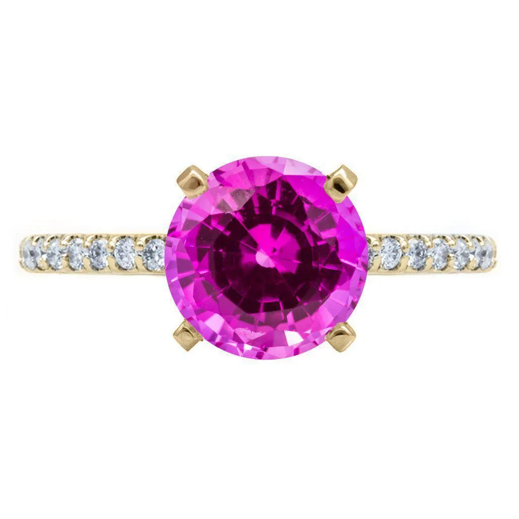 Round Pink Sapphire 4 Prongs Diamond Accent Ice Cathedral Solitaire Ring