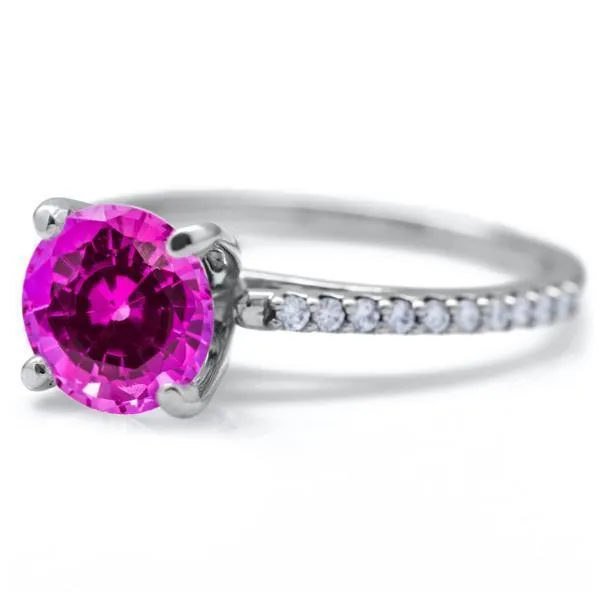 Round Pink Sapphire 4 Prongs Diamond Accent Ice Cathedral Solitaire Ring