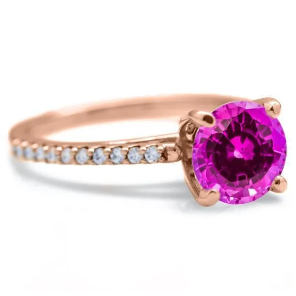 Round Pink Sapphire 4 Prongs Diamond Accent Ice Cathedral Solitaire Ring