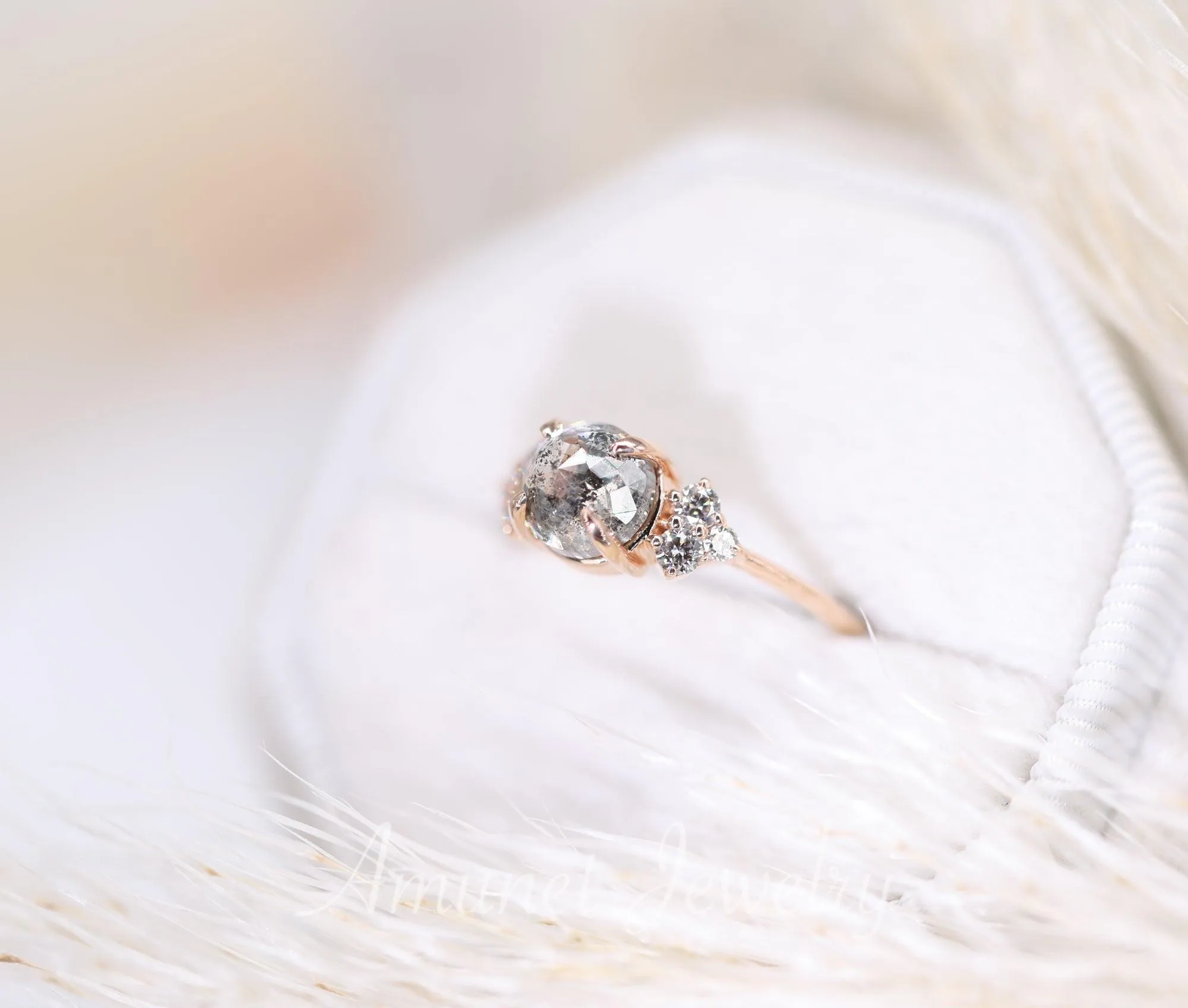 Round salt and pepper diamond ring, cluster ring, engagement ring, grey diamond ring, salt and pepper diamond, 14k gold ring