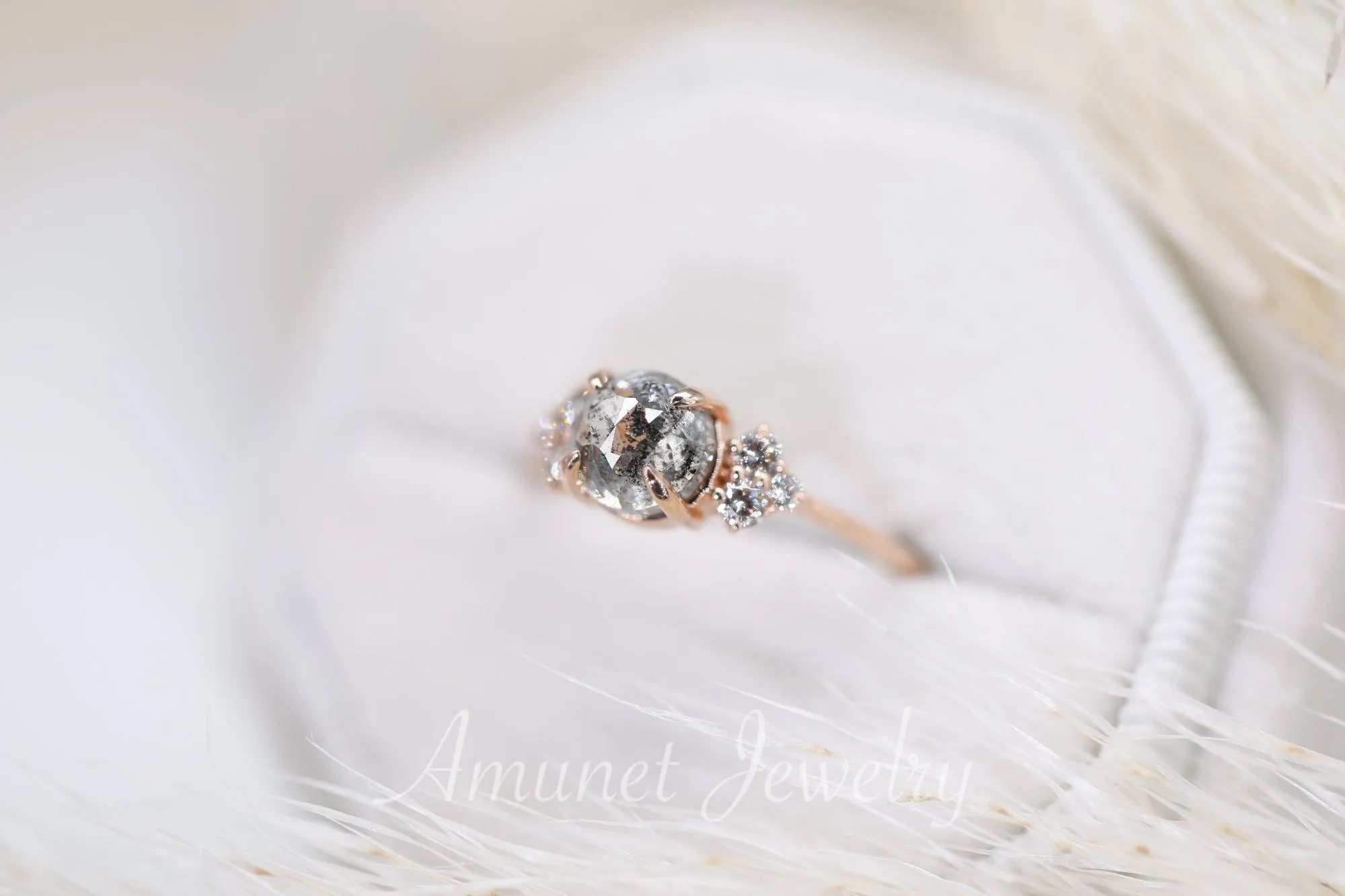 Round salt and pepper diamond ring, cluster ring, engagement ring, grey diamond ring, salt and pepper diamond, 14k gold ring