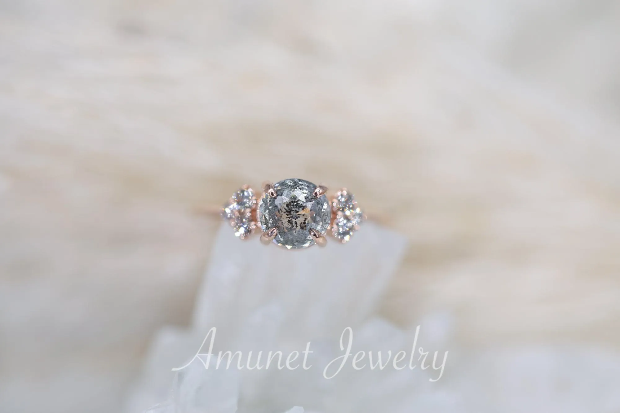 Round salt and pepper diamond ring, cluster ring, engagement ring, grey diamond ring, salt and pepper diamond, 14k gold ring