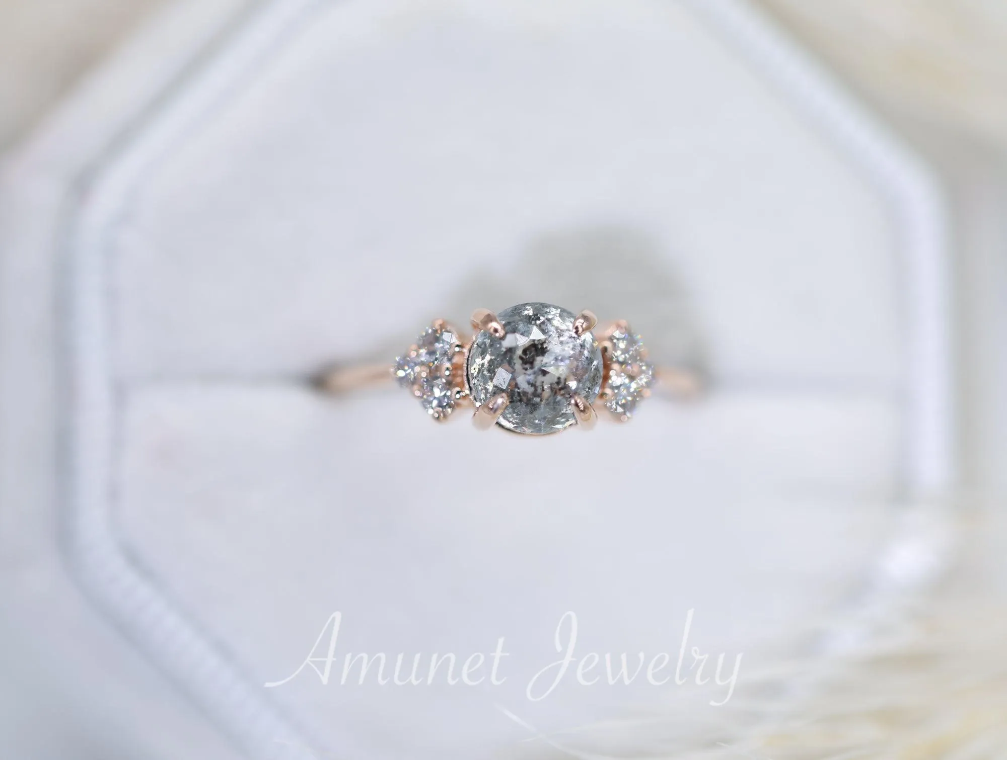 Round salt and pepper diamond ring, cluster ring, engagement ring, grey diamond ring, salt and pepper diamond, 14k gold ring