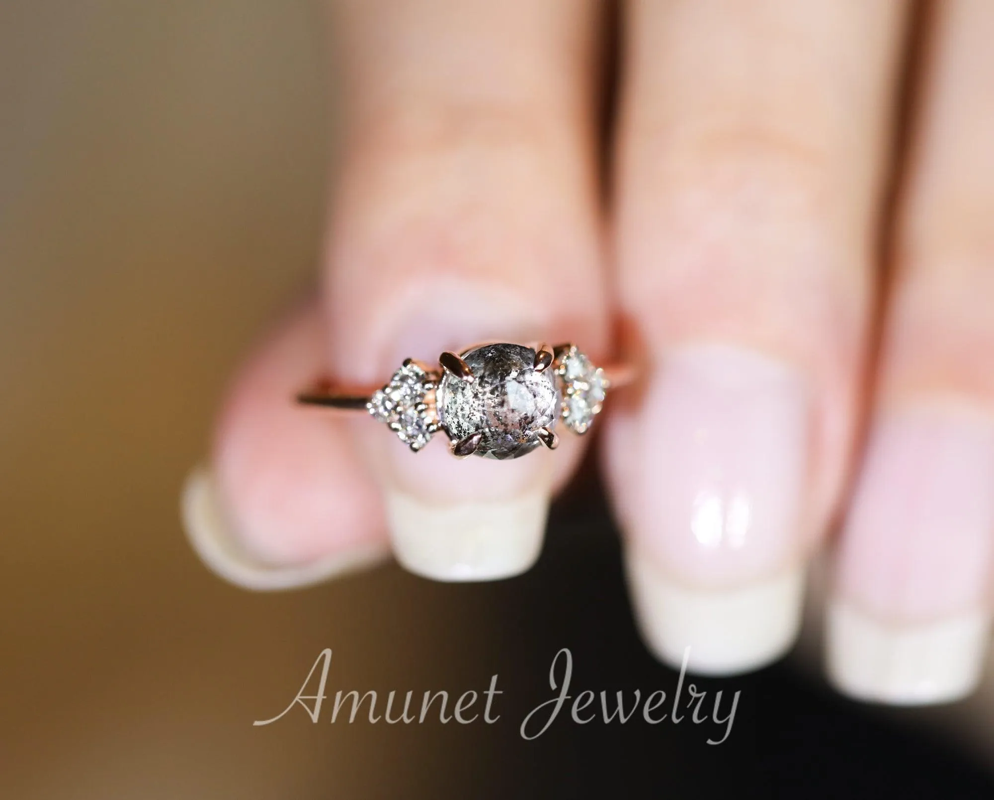 Round salt and pepper diamond ring, cluster ring, engagement ring, grey diamond ring, salt and pepper diamond, 14k gold ring