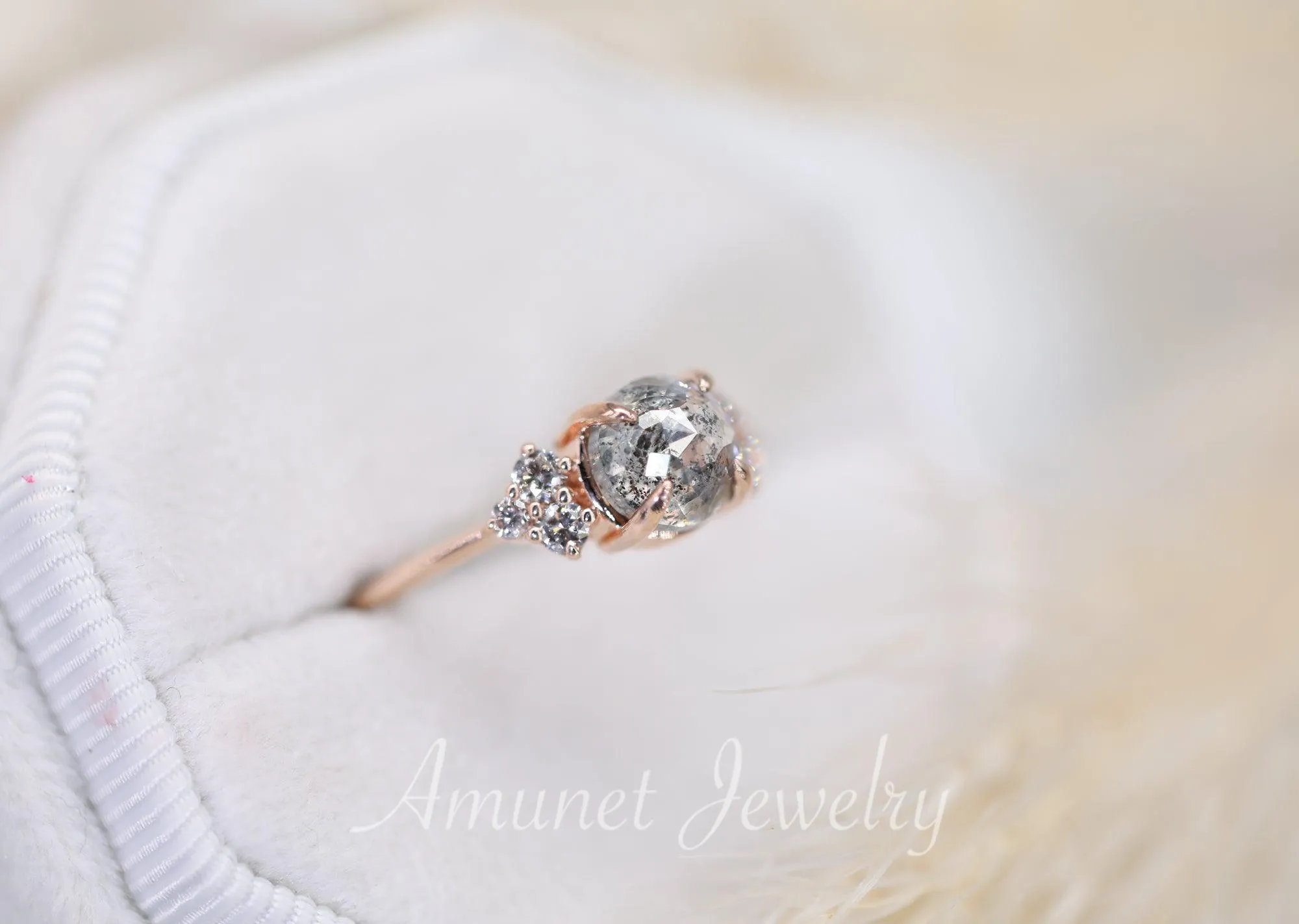 Round salt and pepper diamond ring, cluster ring, engagement ring, grey diamond ring, salt and pepper diamond, 14k gold ring