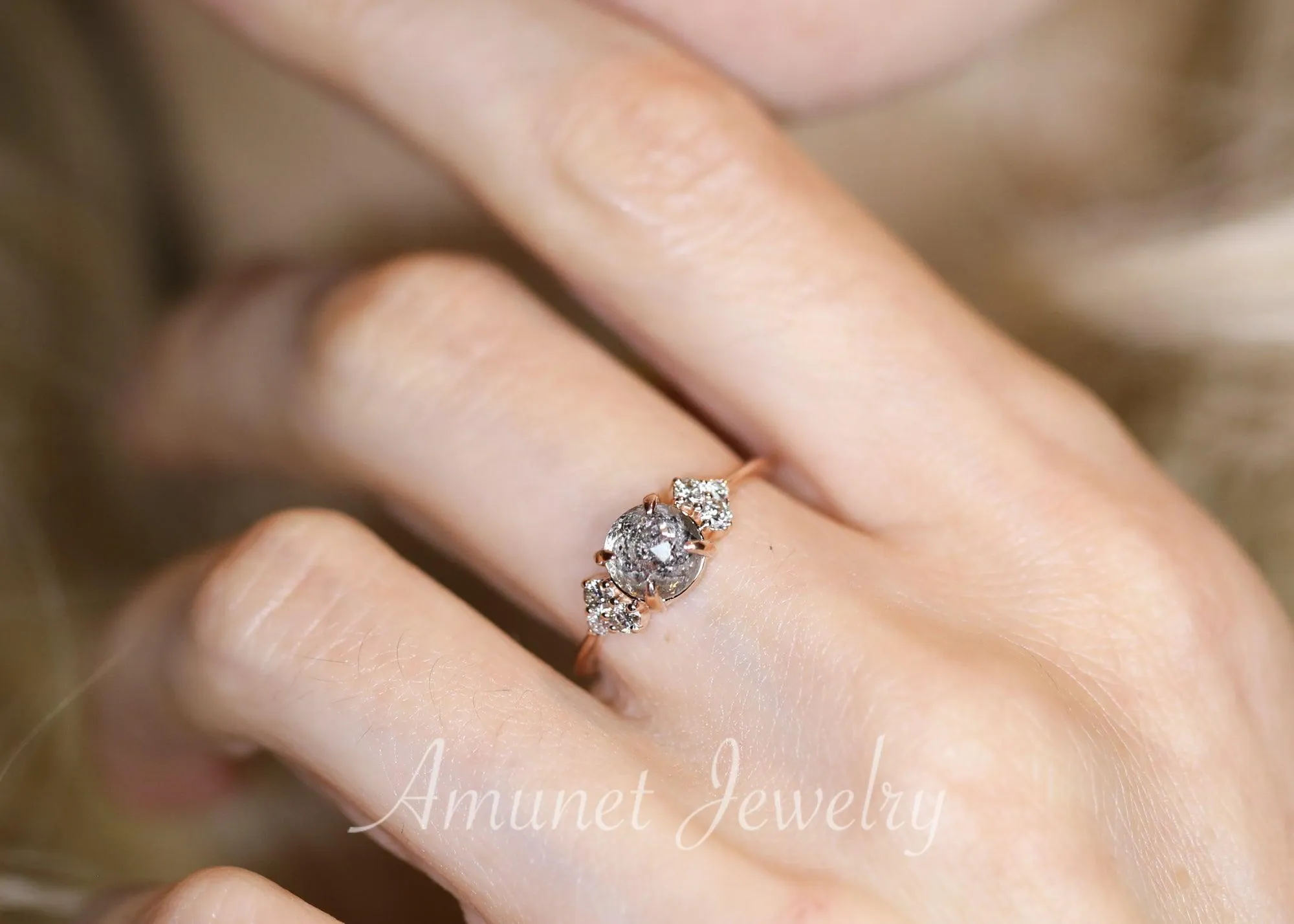 Round salt and pepper diamond ring, cluster ring, engagement ring, grey diamond ring, salt and pepper diamond, 14k gold ring