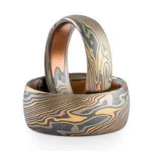 Rustic Mokume Gane Matching Wedding Band Set or Ring Set in Twist Pattern and Firestorm Palette