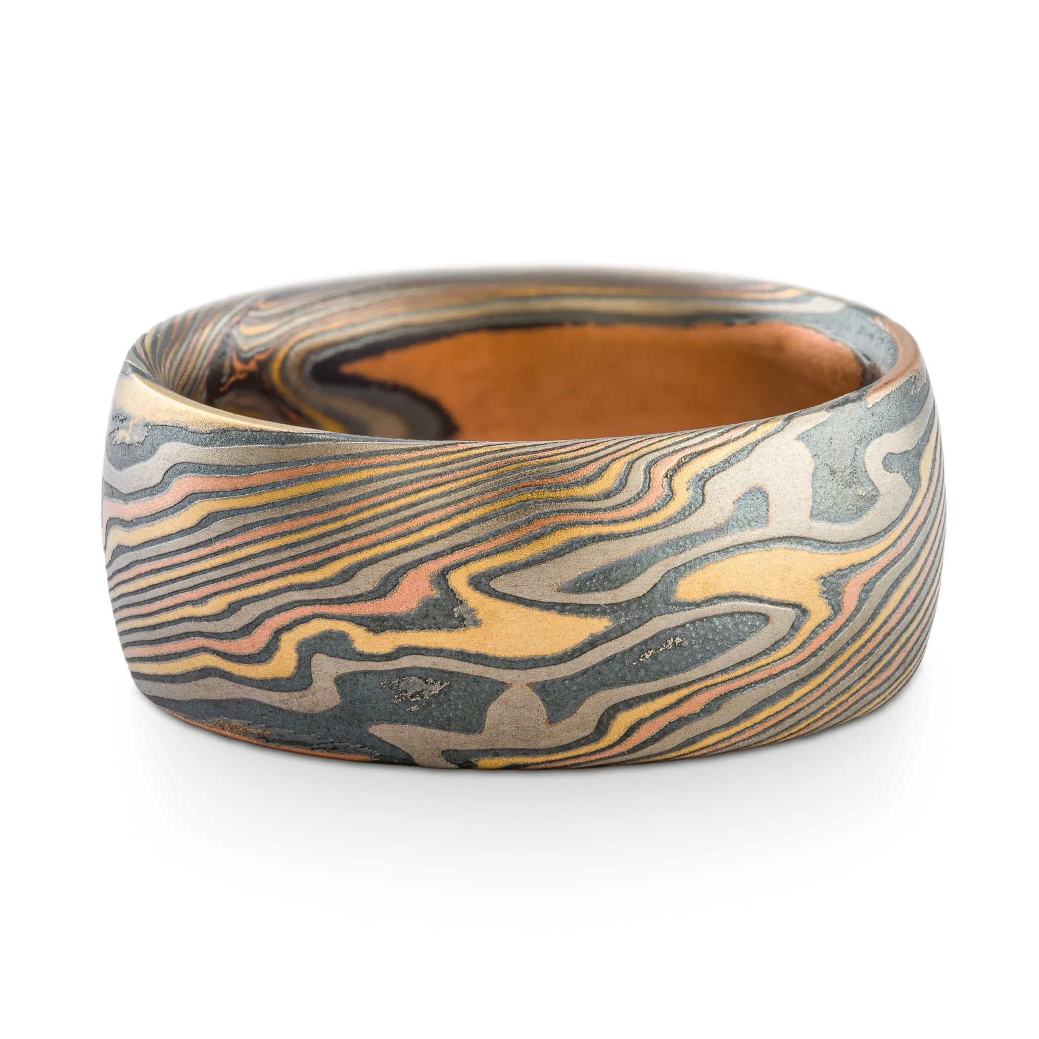 Rustic Mokume Gane Matching Wedding Band Set or Ring Set in Twist Pattern and Firestorm Palette
