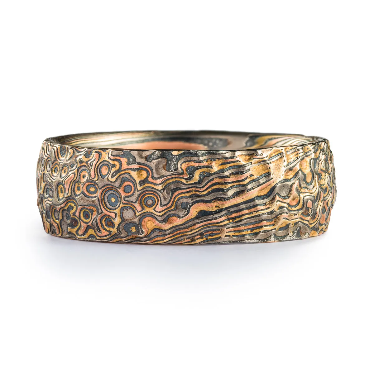 Rustic Mokume Gane Ring in Twist/Droplet Pattern with Hammered Finish