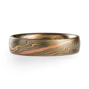 Rustic Mokume Gane Wedding Band or Ring in Flare Palette and Twist Pattern with Red Gold Stratum