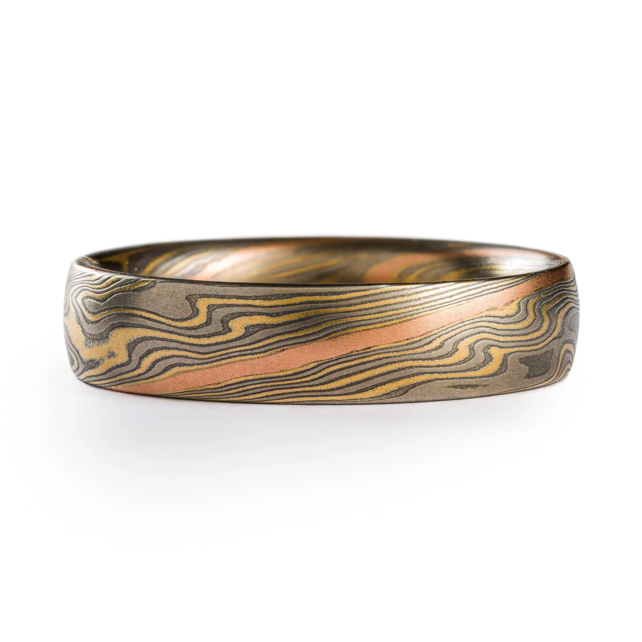 Rustic Mokume Gane Wedding Band or Ring in Flare Palette and Twist Pattern with Red Gold Stratum