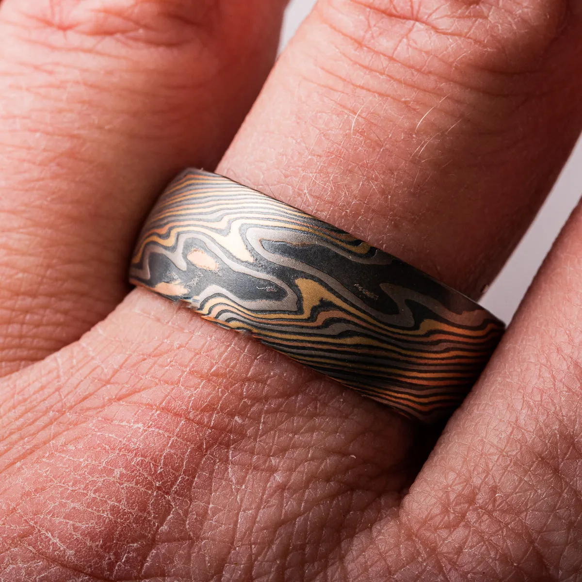 Rustic Wide Mokume Gane Ring or Wedding Band in Firestorm Palette and Twist Pattern