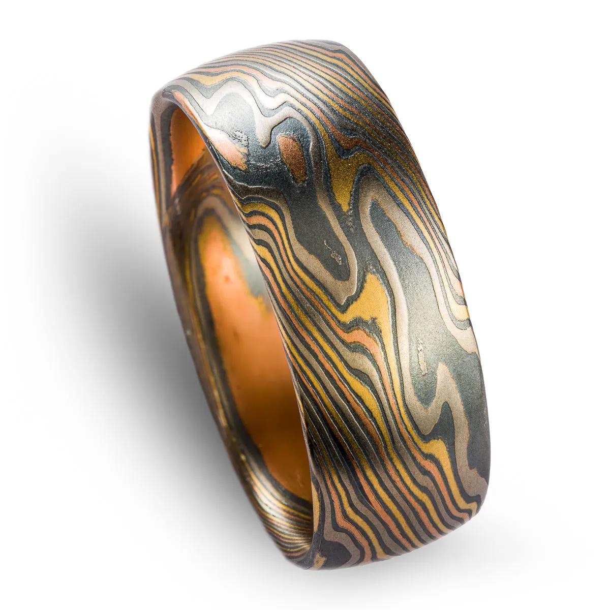 Rustic Wide Mokume Gane Ring or Wedding Band in Firestorm Palette and Twist Pattern