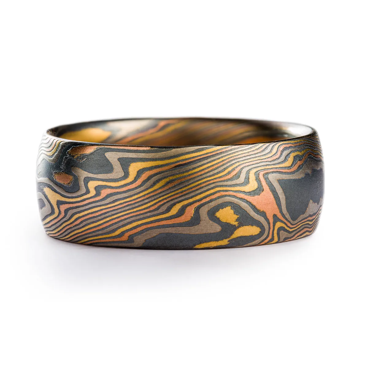 Rustic Wide Mokume Gane Ring or Wedding Band in Firestorm Palette and Twist Pattern