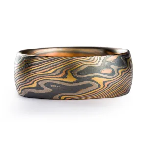 Rustic Wide Mokume Gane Ring or Wedding Band in Firestorm Palette and Twist Pattern