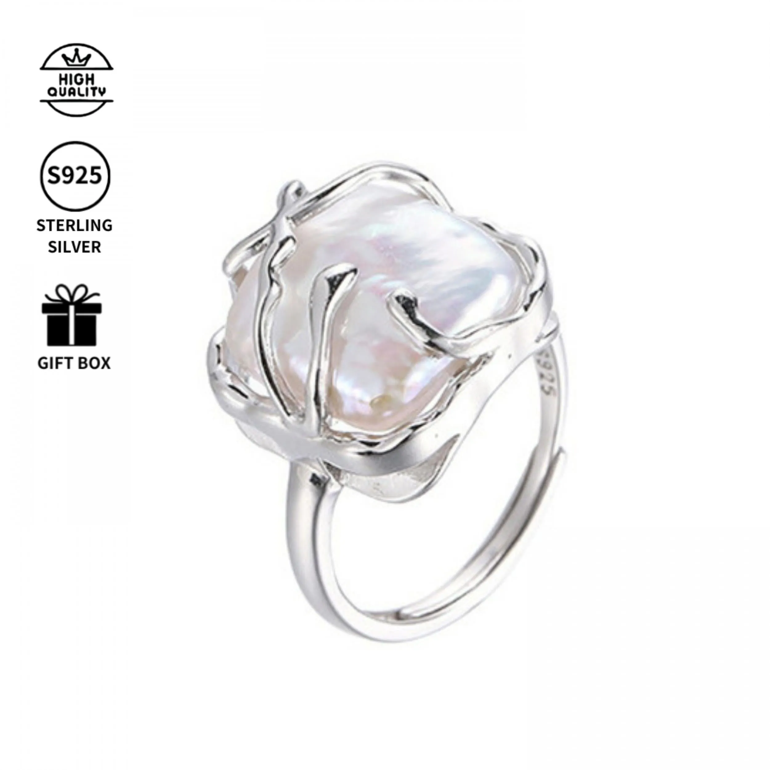 S925 Silver Ring with Baroque Pearls Freshwater Pearl 3 85g Gift